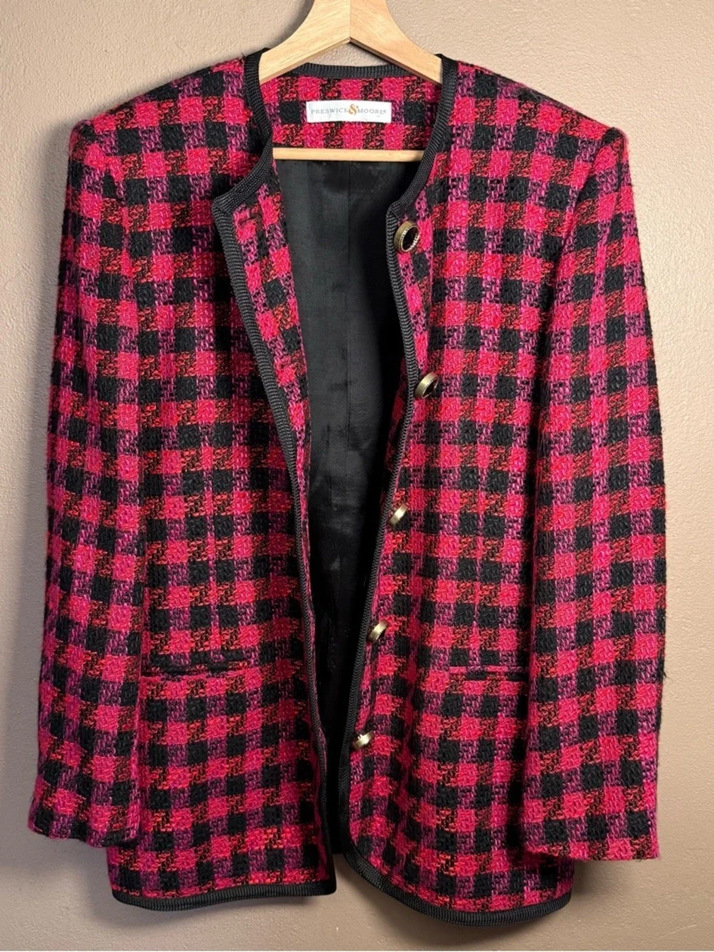 Preswick & Moore Vtg 90s Pink & Black Blazer Jacket, Gold/Black Buttons Size 14 - Picture 8 of 17